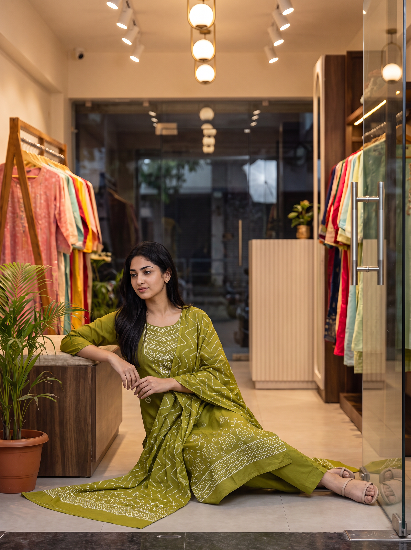 1789611137167_1_image_c1128b9a-f6dc-468b-bf3f-6ec52f2064cf.jpg Olive Green 3-Piece Kurta Palazzo Set - Image 1