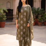 Olive Green Printed 3-Piece Kurta Pant Set with Dupatta