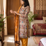Multicolour Printed 3-Piece Kurta Pant Set with Mustard Dupatta