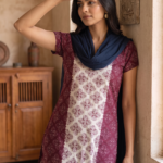 Maroon & Cream Printed Kurta with Navy Blue Dupatta