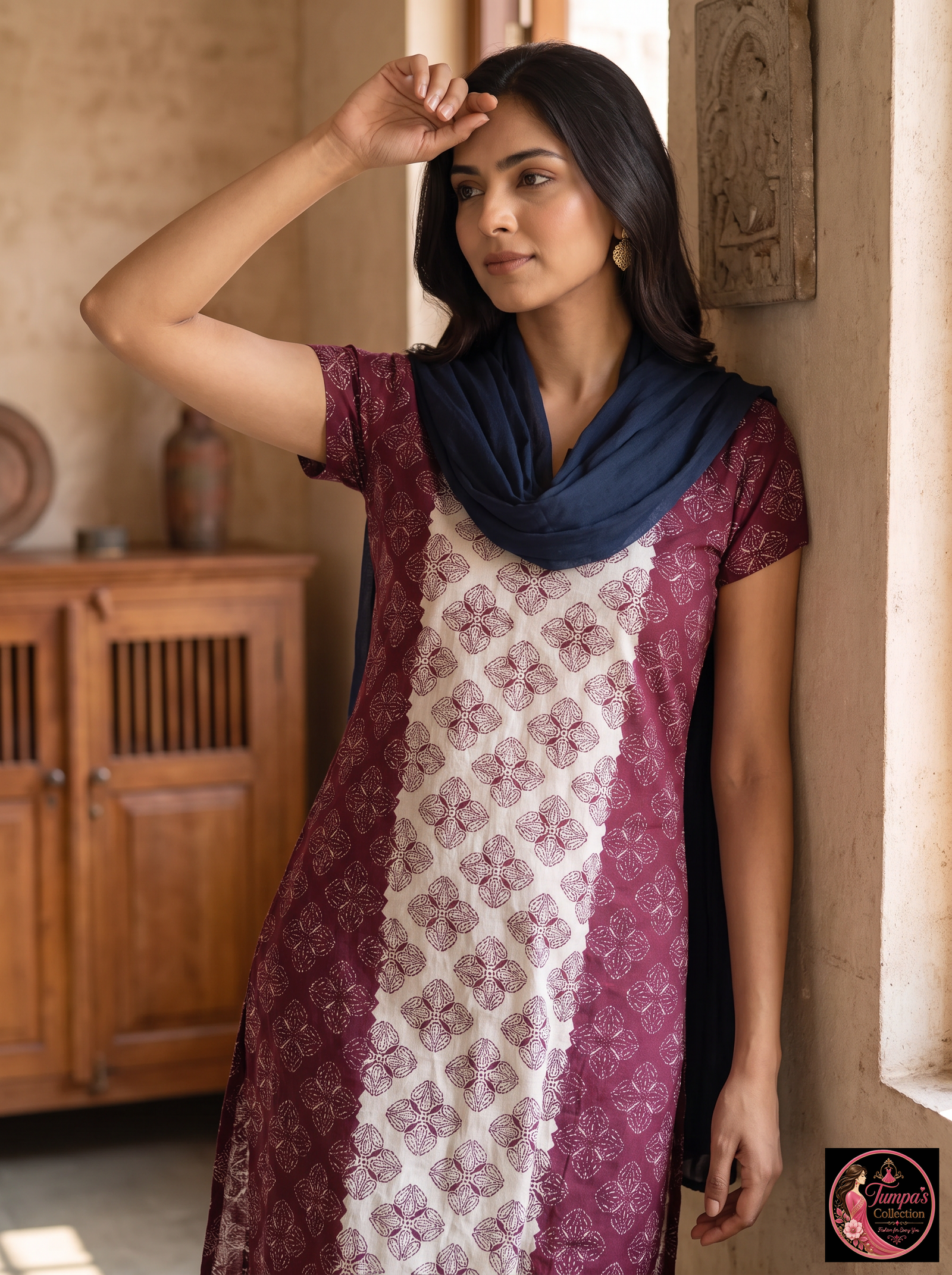 1789663944809_1_image_5eb4f1db-80af-4920-80bd-5453b78c7786.jpg Maroon & Cream Printed Kurta with Navy Blue Dupatta - Image 1