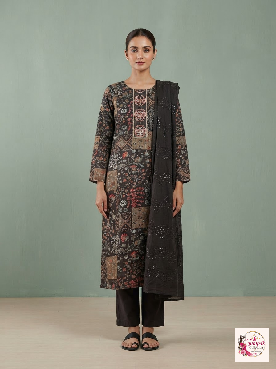 1789749363006_0_image_21aa799a-a84d-4242-8423-f48beb226004.jpg Black & Brown Printed 3-Piece Kurta Pant Set with Dupatta - Image 1