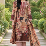 Peach & Brown Floral Printed 3-Piece Kurta Pant Set with Dupatta