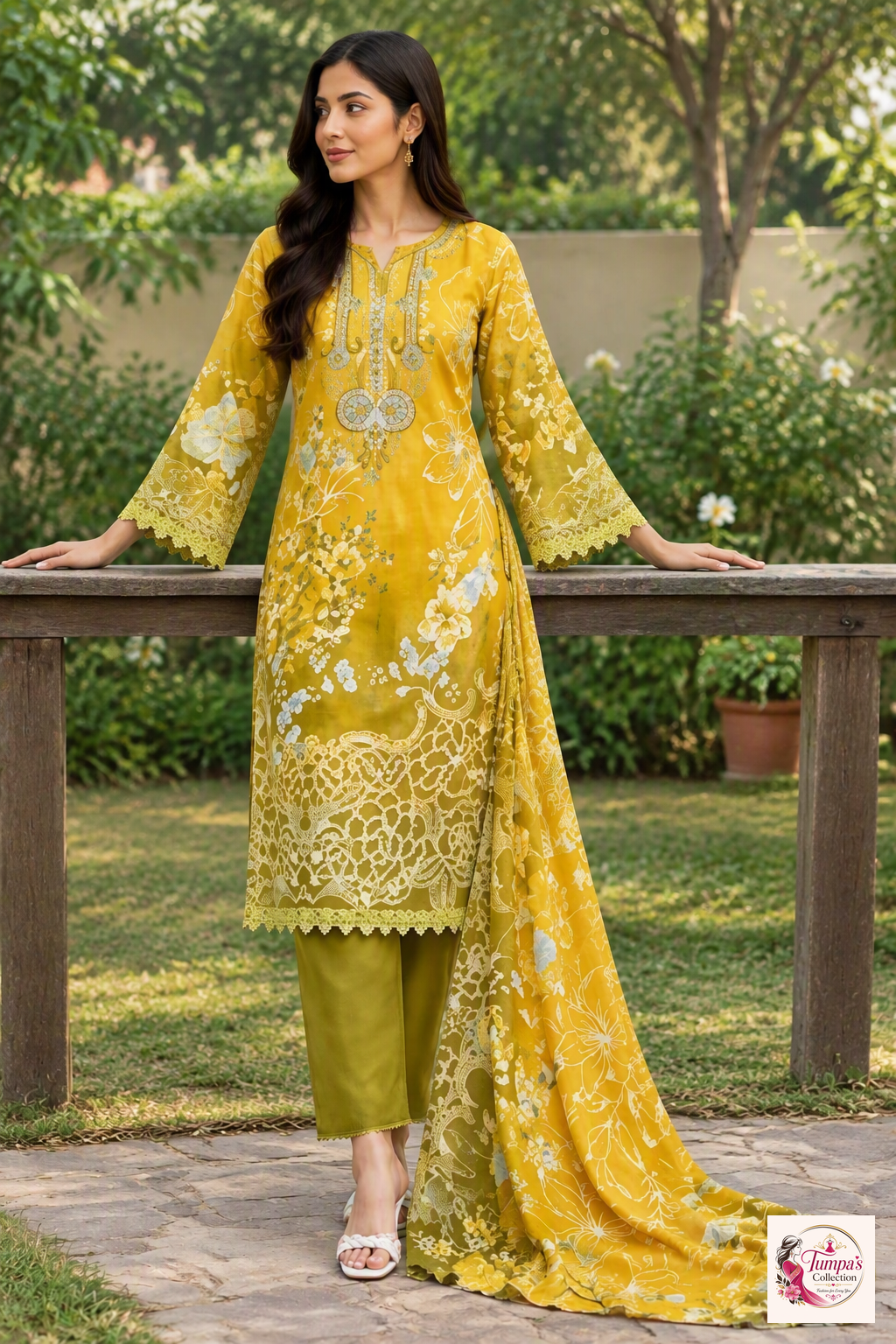 1789848342430_1_image_6f9f9d8a-5480-475a-af1b-5768a2dba432.jpg Mustard Yellow Floral Printed 3-Piece Kurta Pant Set with Dupatta - Image 1