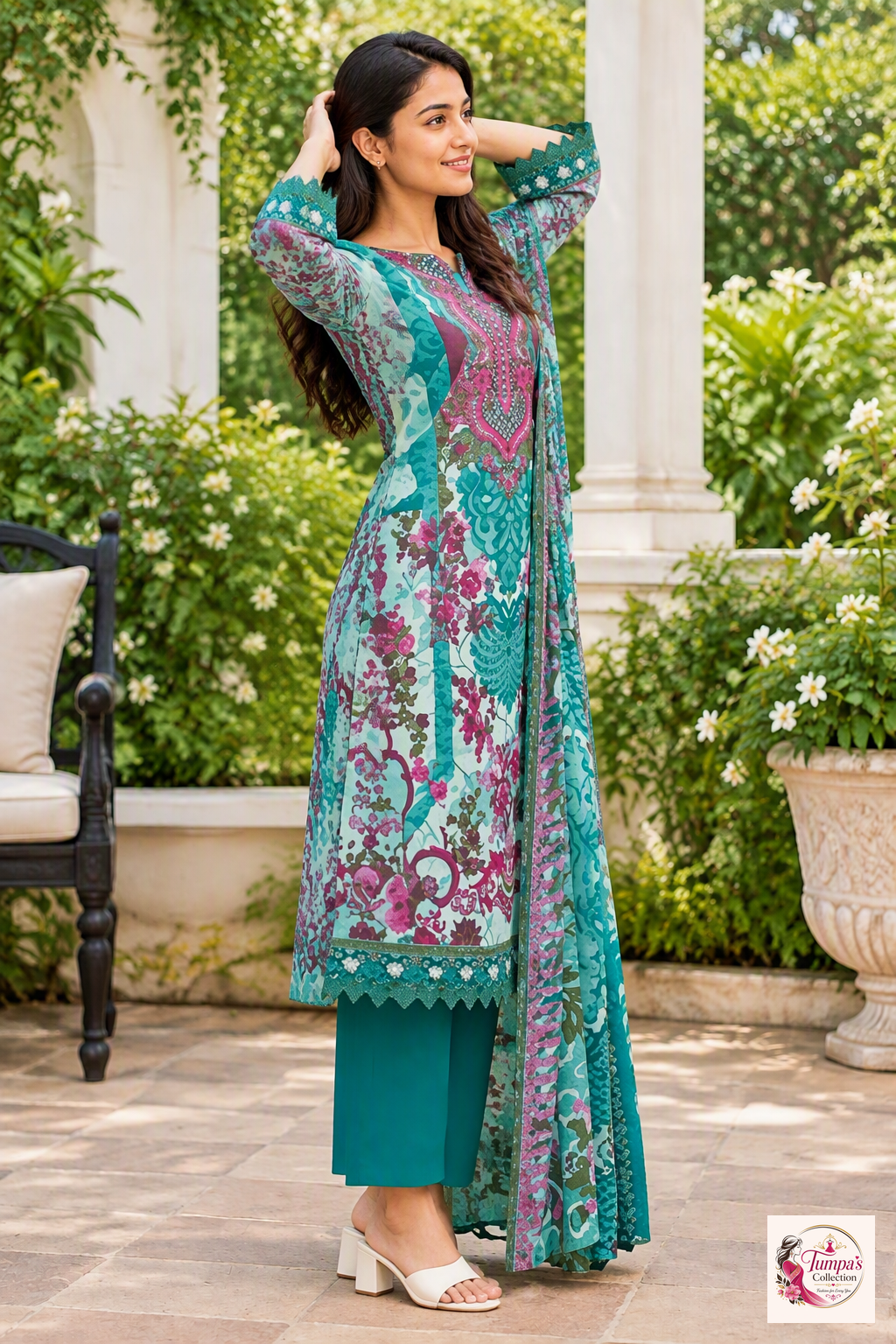 1789848740833_2_image_7abdb81d-db1c-4413-8f18-08a15ccec2f6.jpg Turquoise & Pink Floral Printed 3-Piece Kurta Pant Set with Dupatta - Image 1